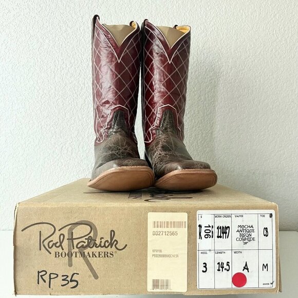 Rod Patrick Mens Cowboy Boots 14.5A Brown Mocha Bison Leather Western Square Toe - Picture 10 of 11